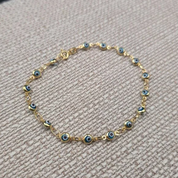 7.5 Inch Gold Over Sterling Silver Evil Eye Nazar Chain Bracelet A7304 - Picture 2 of 7